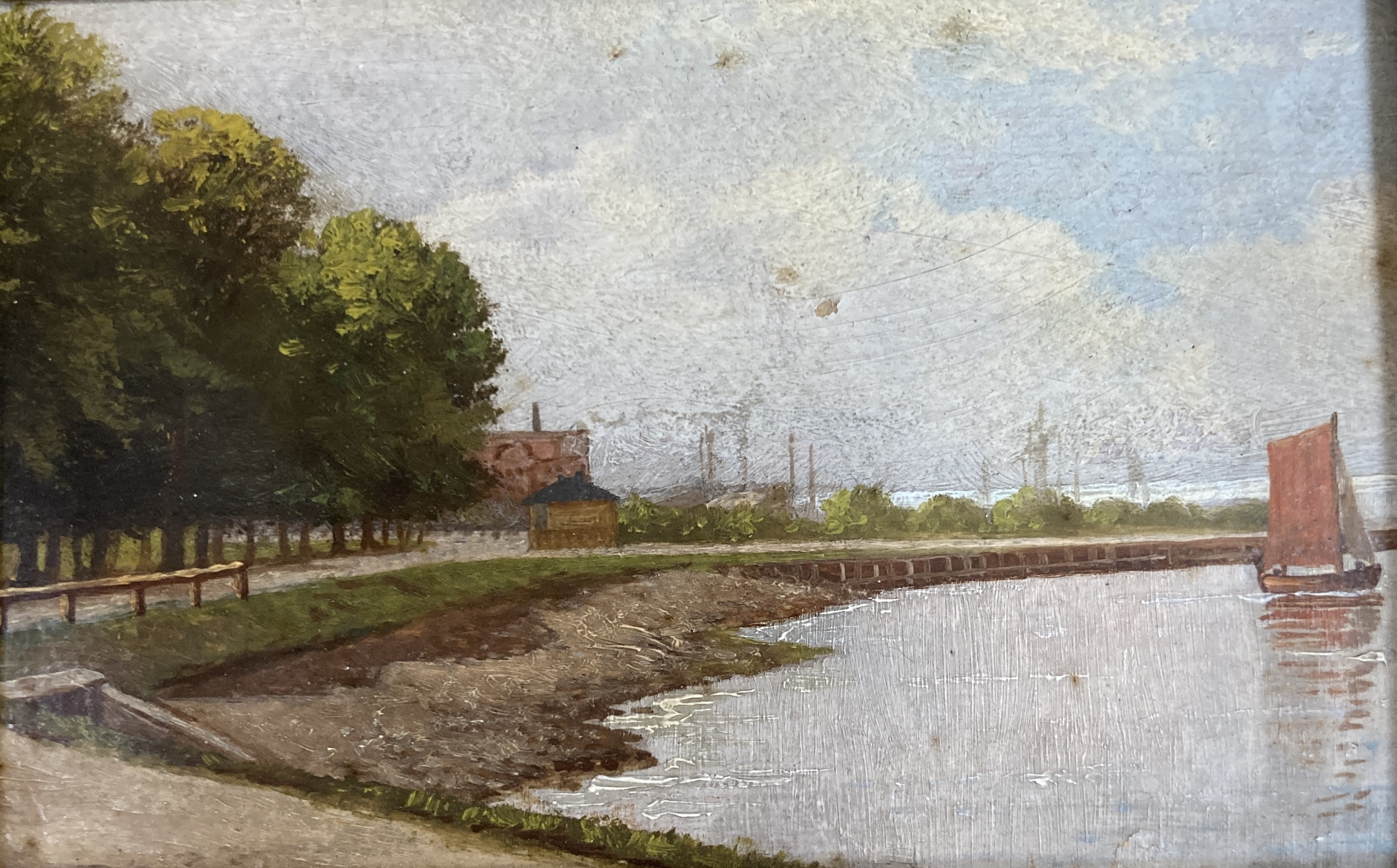 19th century English School, watercolour, Cottage on the road to Villequaire, 9 x 18cm, a watercolour French harbour scene, and a small oil, Riverscape